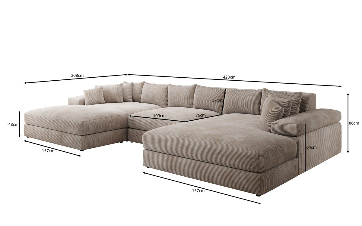 Designer Sofa Bernardo U with wide ottoman in Corduroy