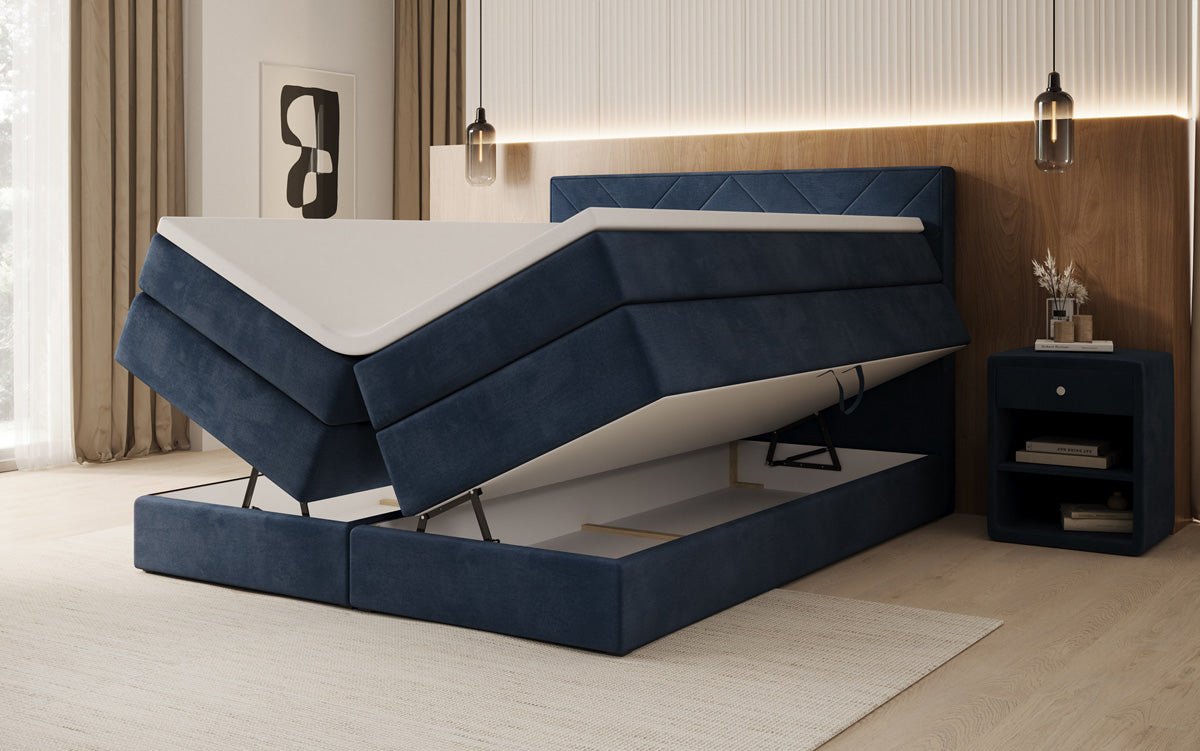 Box spring bed Norella with storage in velvet