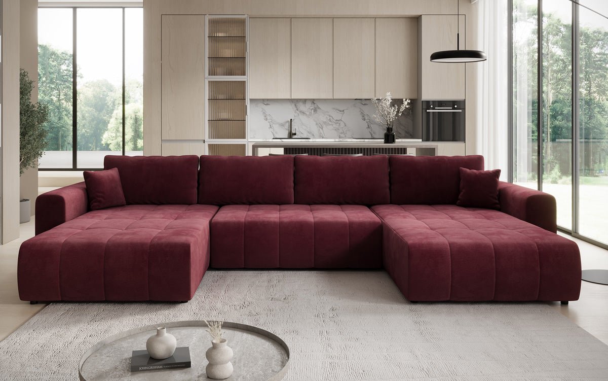 Designer Sofa Leveno U mat Schloof- a Klappfunktioun a Samt