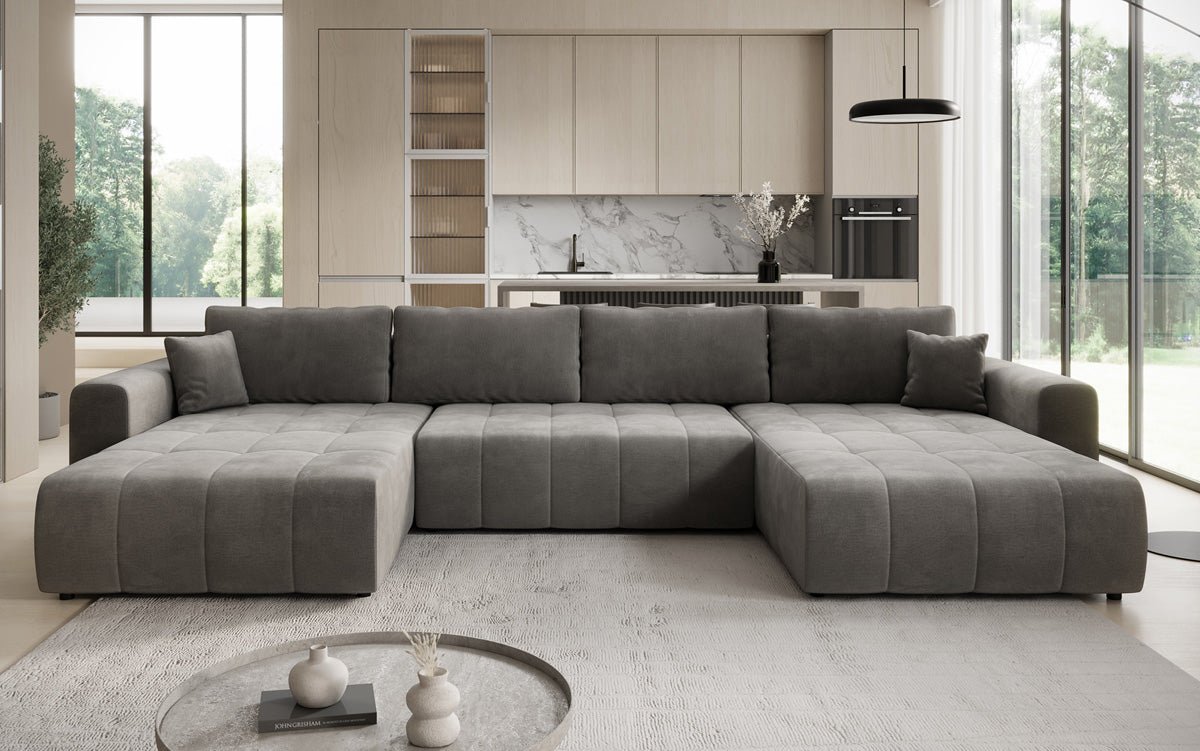 Designer Sofa Leveno U mat Schloof- a Klappfunktioun a Samt