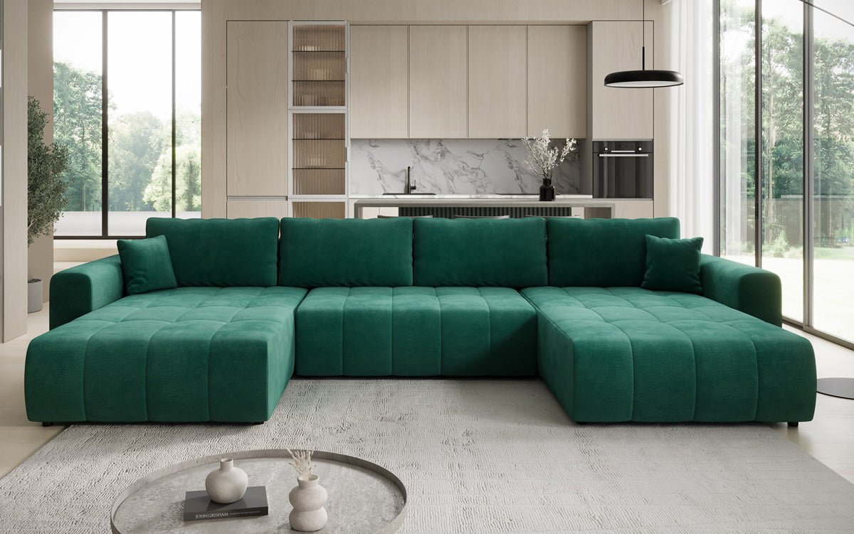 Designer Sofa Leveno U mat Schloof- a Klappfunktioun a Samt