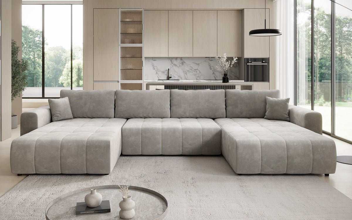 Designer Sofa Leveno U mat Schloof- a Klappfunktioun a Samt