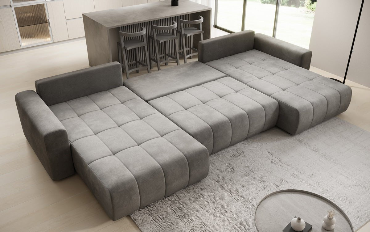 Designer Sofa Leveno U mat Schloof- a Klappfunktioun a Samt