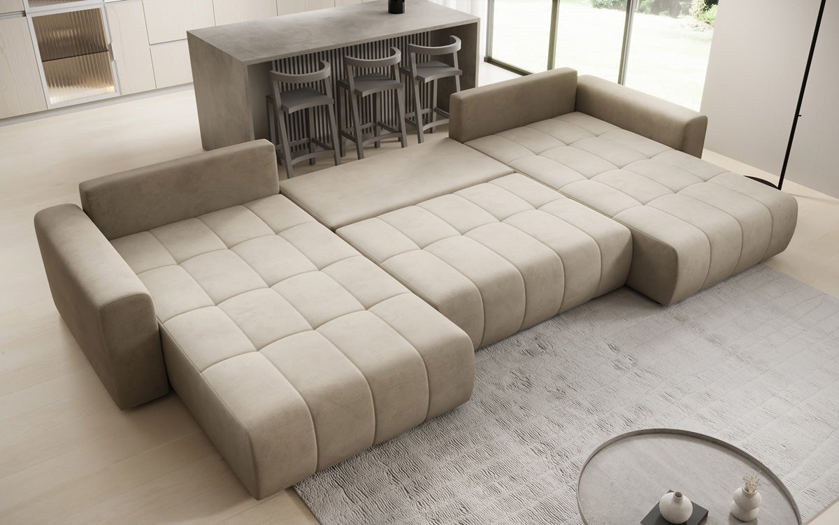 Designer Sofa Leveno U mat Schloof- a Klappfunktioun a Samt