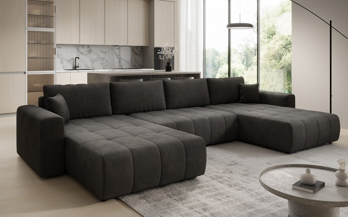 Designer Sofa Leveno U mat Schloof- a Klappfunktioun a Samt