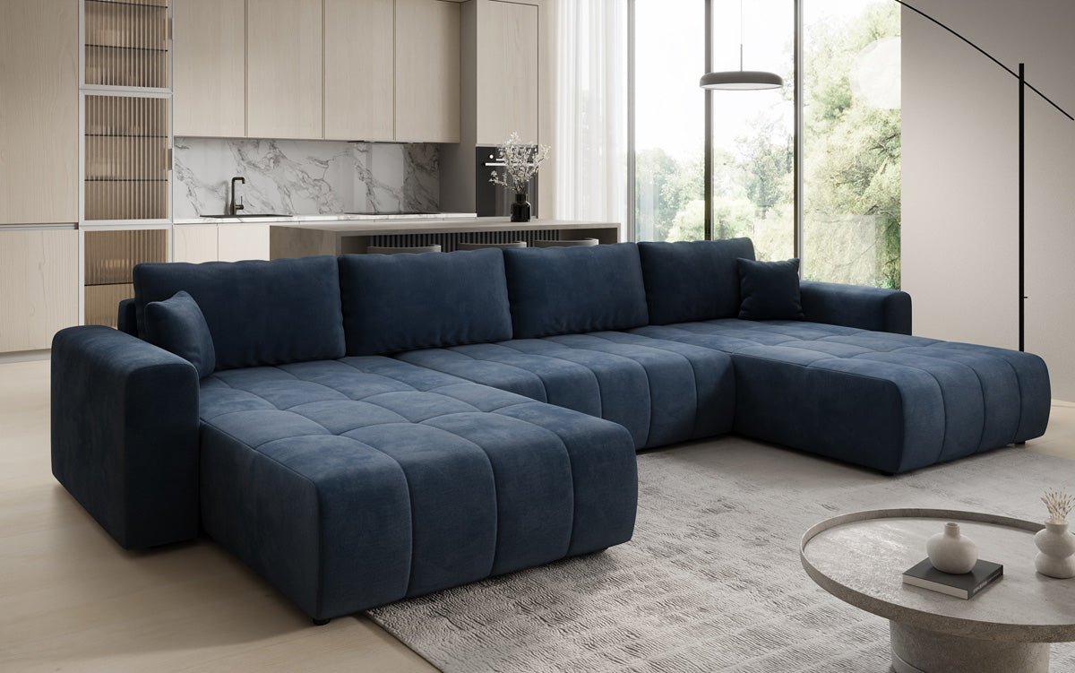 Designer Sofa Leveno U mat Schloof- a Klappfunktioun a Samt