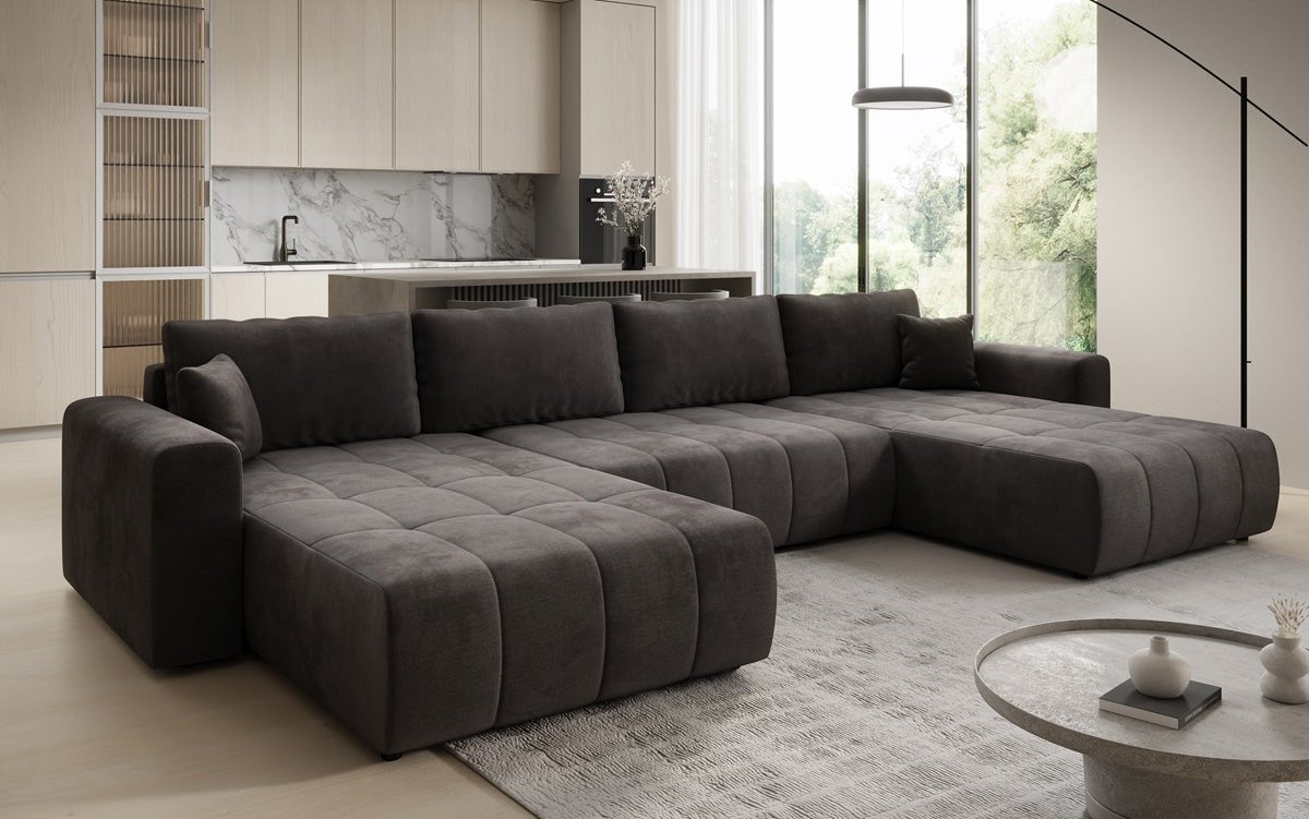 Designer Sofa Leveno U mat Schloof- a Klappfunktioun a Samt