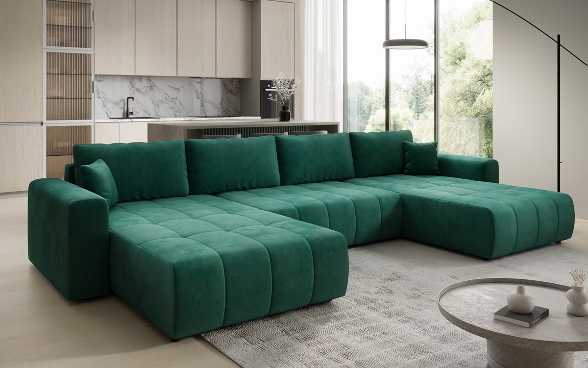 Designer Sofa Leveno U mat Schloof- a Klappfunktioun a Samt