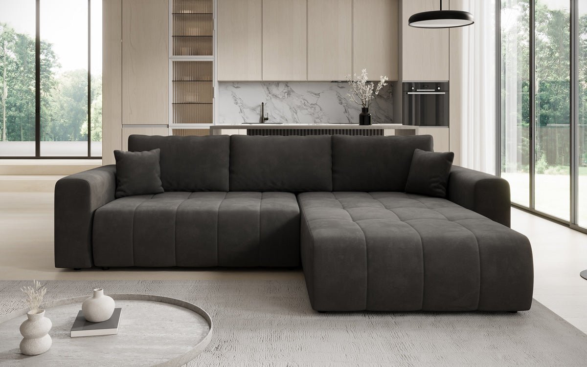Designer Sofa Leveno L mat Schloof- a Klappfunktioun a Samt