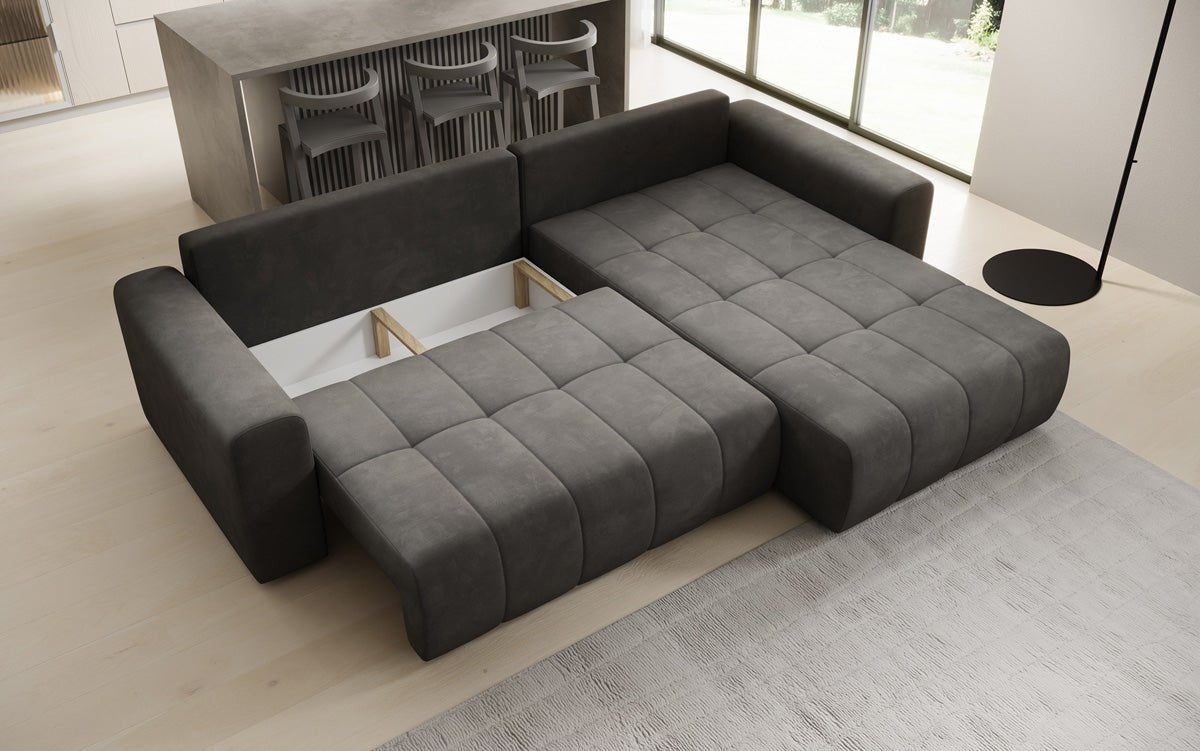 Designer Sofa Leveno L mat Schloof- a Klappfunktioun a Samt