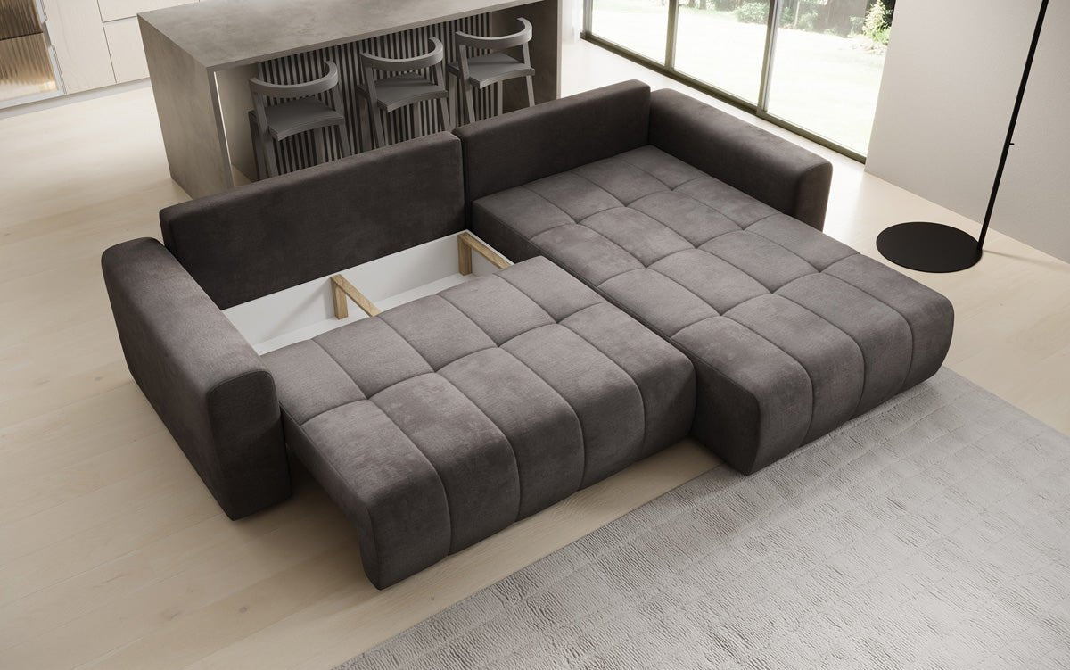 Designer Sofa Leveno L mat Schloof- a Klappfunktioun a Samt