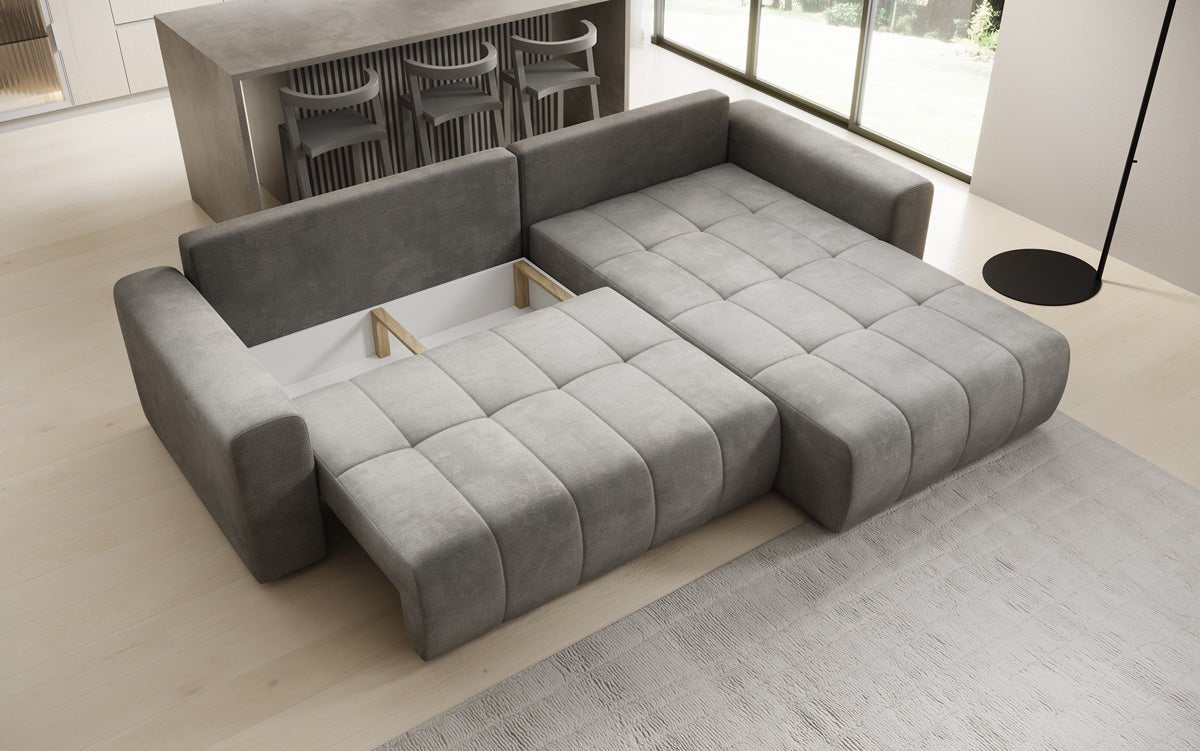 Designer Sofa Leveno L mat Schloof- a Klappfunktioun a Samt