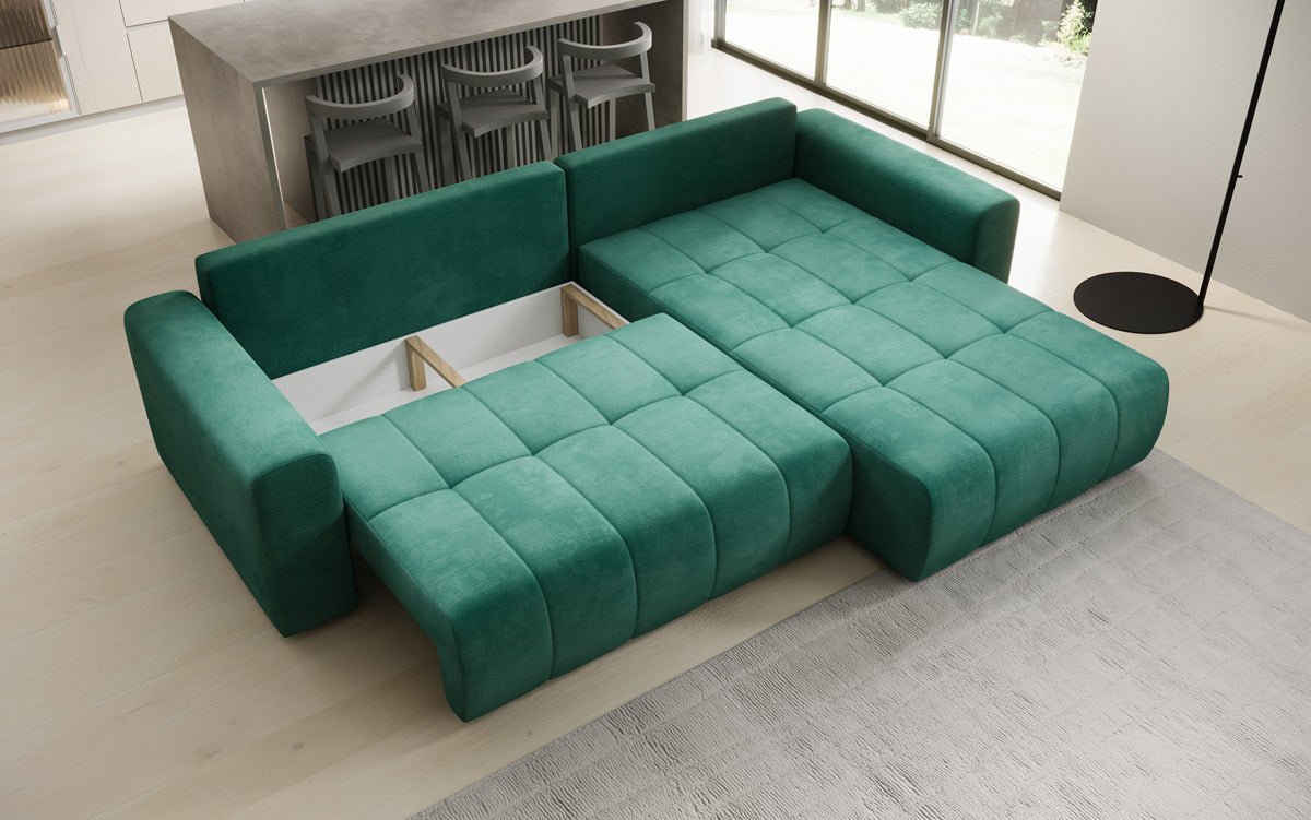 Designer Sofa Leveno L mat Schloof- a Klappfunktioun a Samt