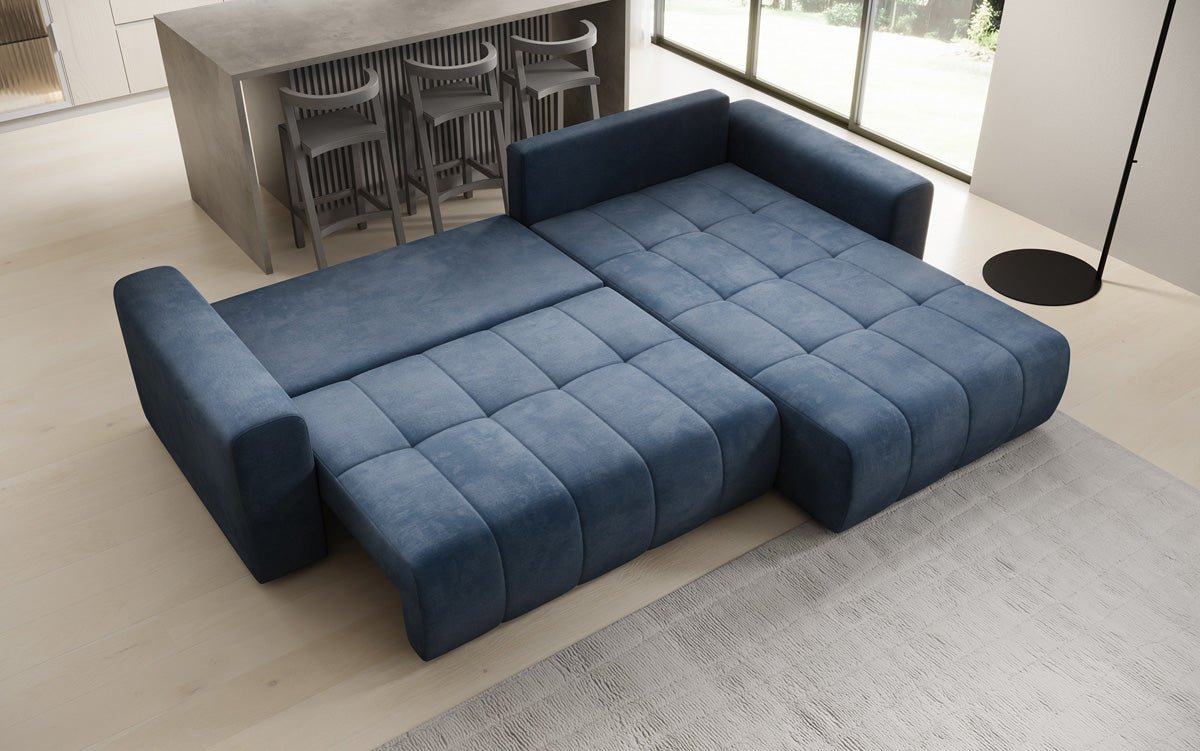 Designer Sofa Leveno L mat Schloof- a Klappfunktioun a Samt