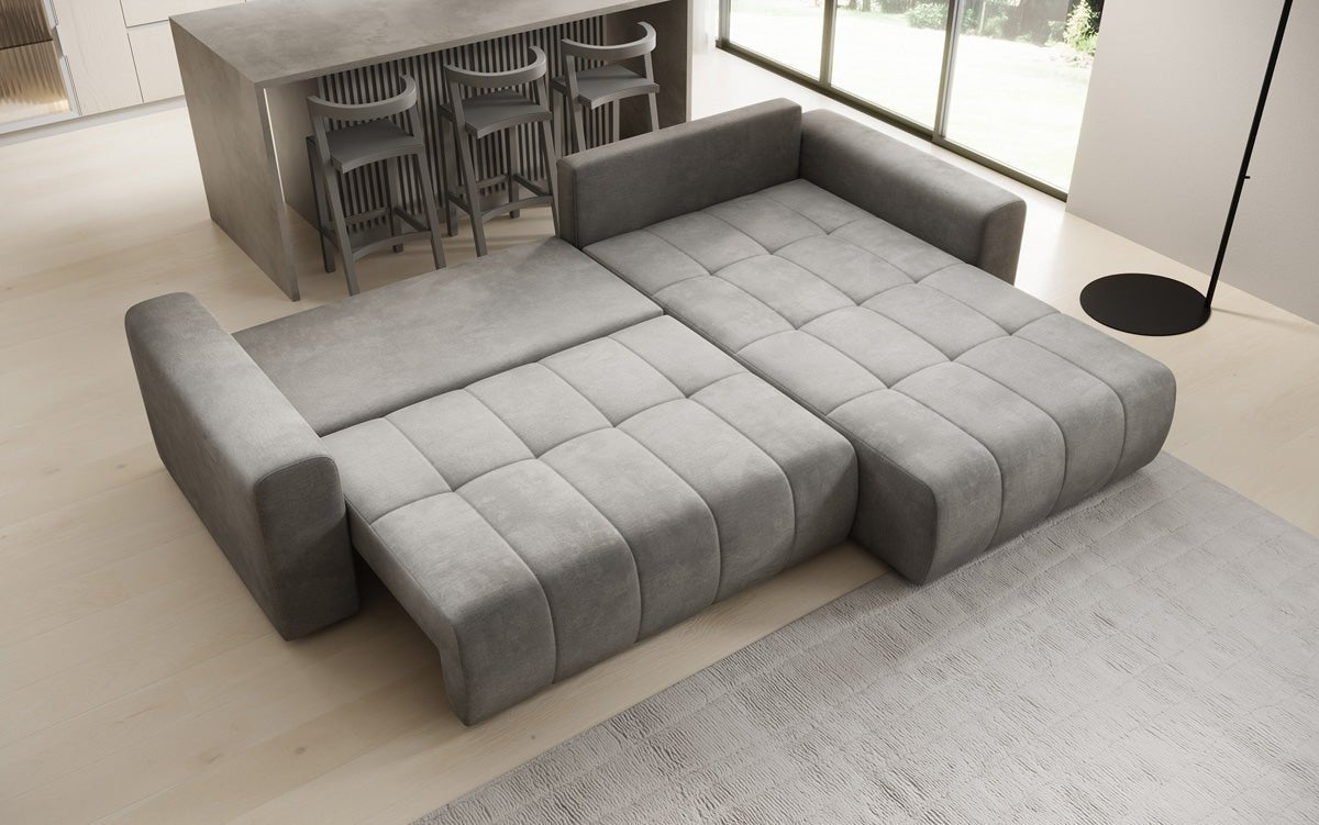 Designer Sofa Leveno L mat Schloof- a Klappfunktioun a Samt