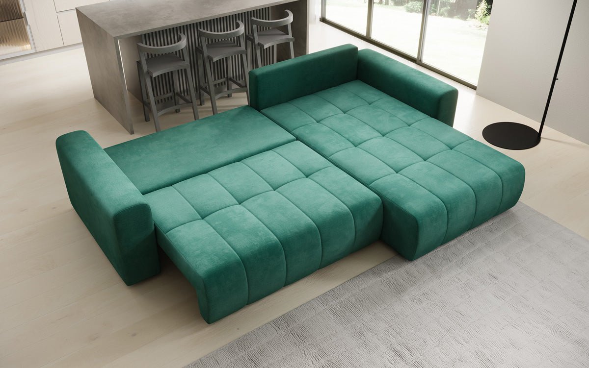 Designer Sofa Leveno L mat Schloof- a Klappfunktioun a Samt