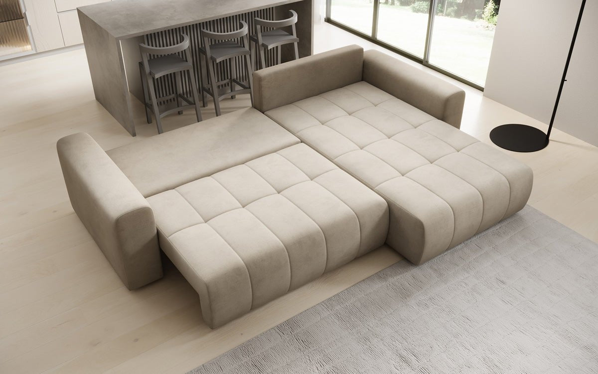 Designer Sofa Leveno L mat Schloof- a Klappfunktioun a Samt
