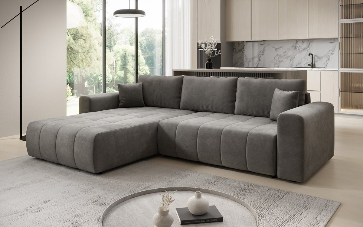 Designer Sofa Leveno L mat Schloof- a Klappfunktioun a Samt