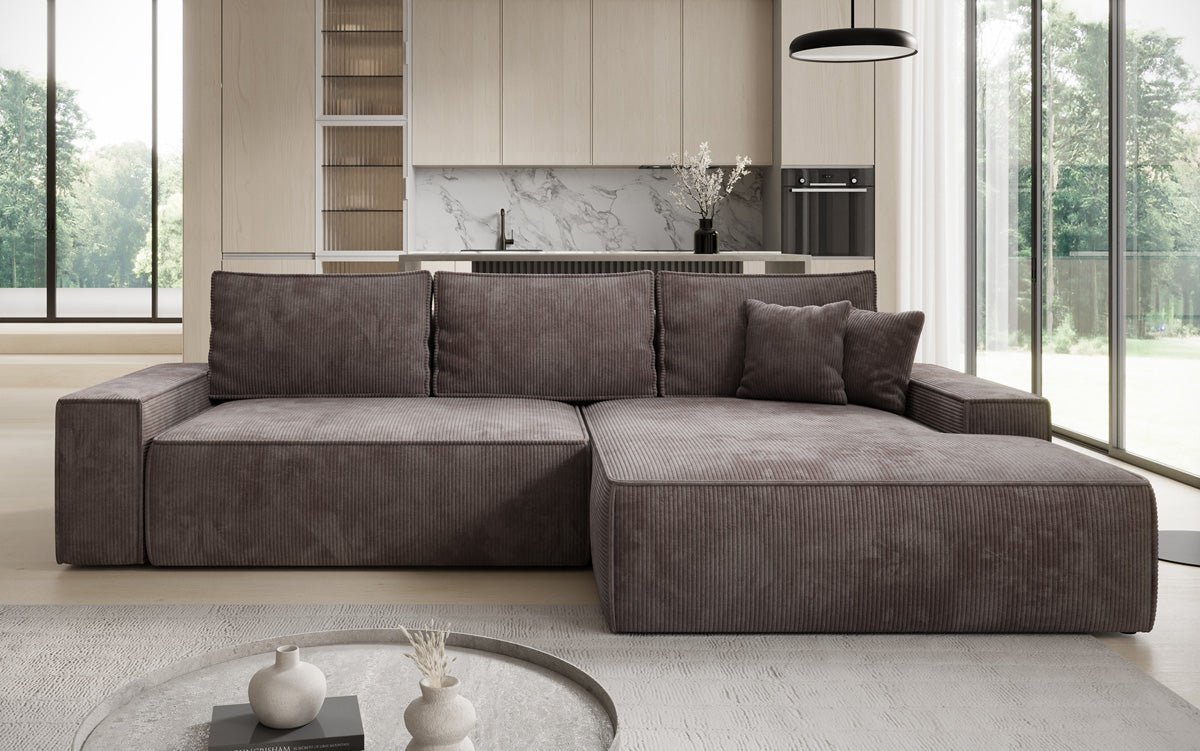 Designer-Sofa Verona mat breeder Ottomane mat Schlof- a Klappfunktioun a Cord