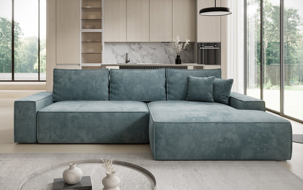 Designer-Sofa Verona mat breeder Ottomane mat Schlof- a Klappfunktioun a Cord