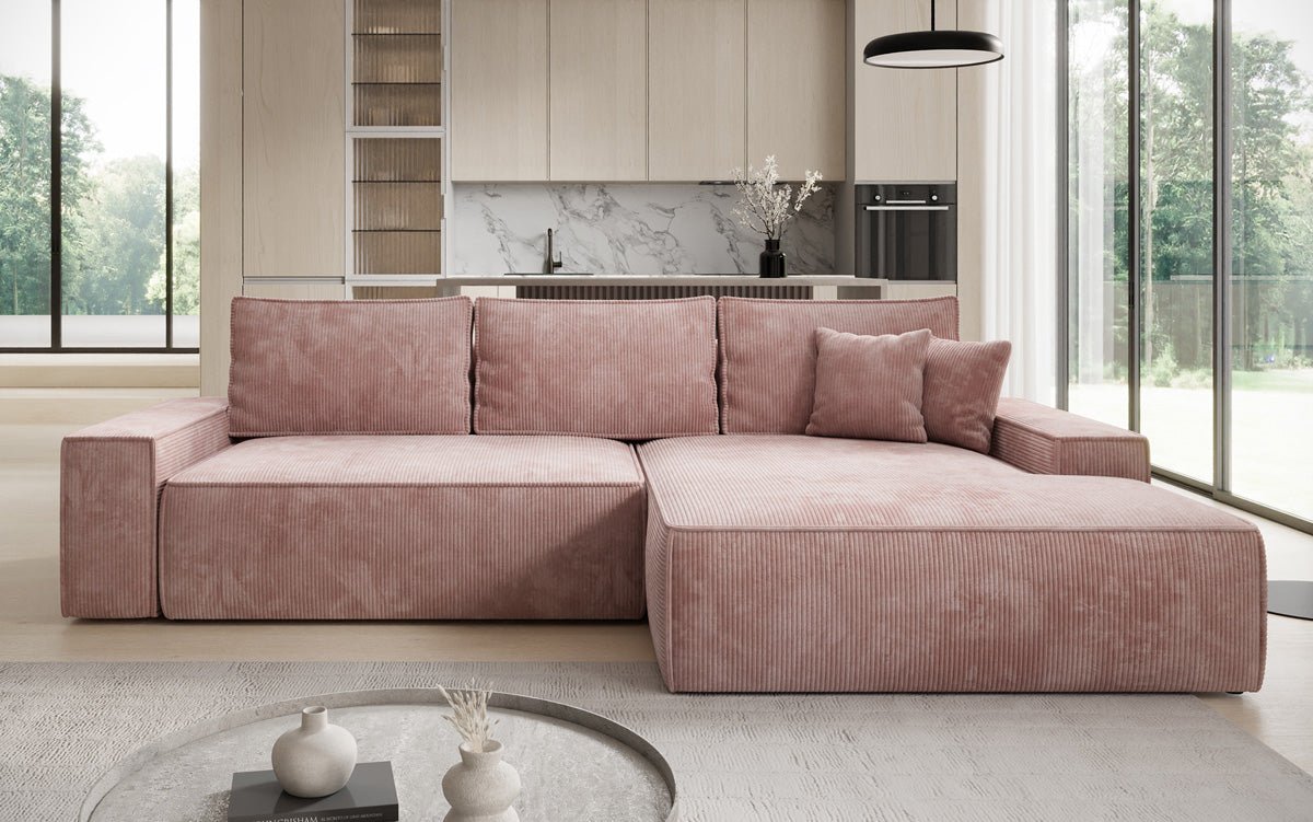 Designer-Sofa Verona mat breeder Ottomane mat Schlof- a Klappfunktioun a Cord