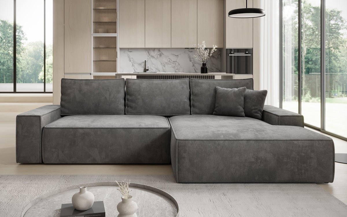 Designer-Sofa Verona mat breeder Ottomane mat Schlof- a Klappfunktioun a Cord