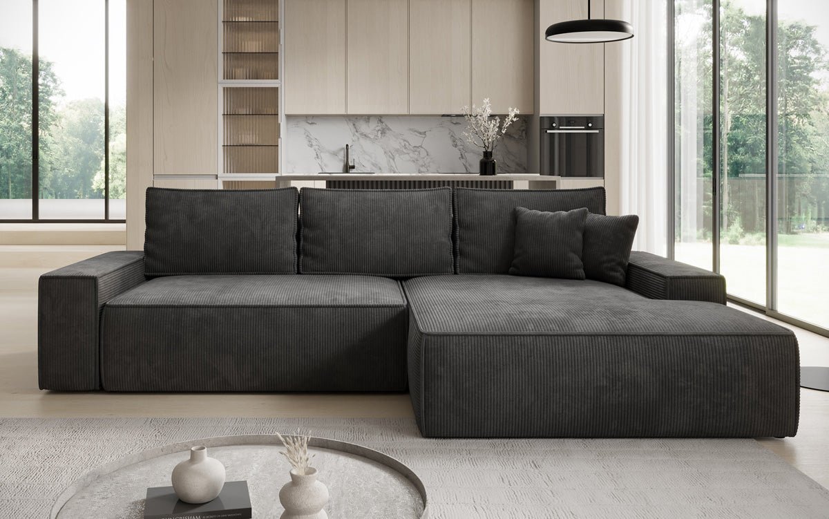 Designer-Sofa Verona mat breeder Ottomane mat Schlof- a Klappfunktioun a Cord