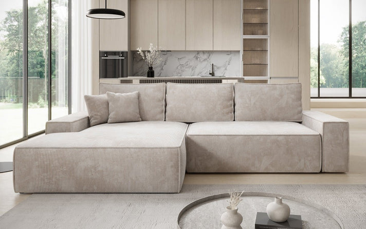 Designer corner sofa Verona with wide ottoman with sleeping and folding function in Corduroy