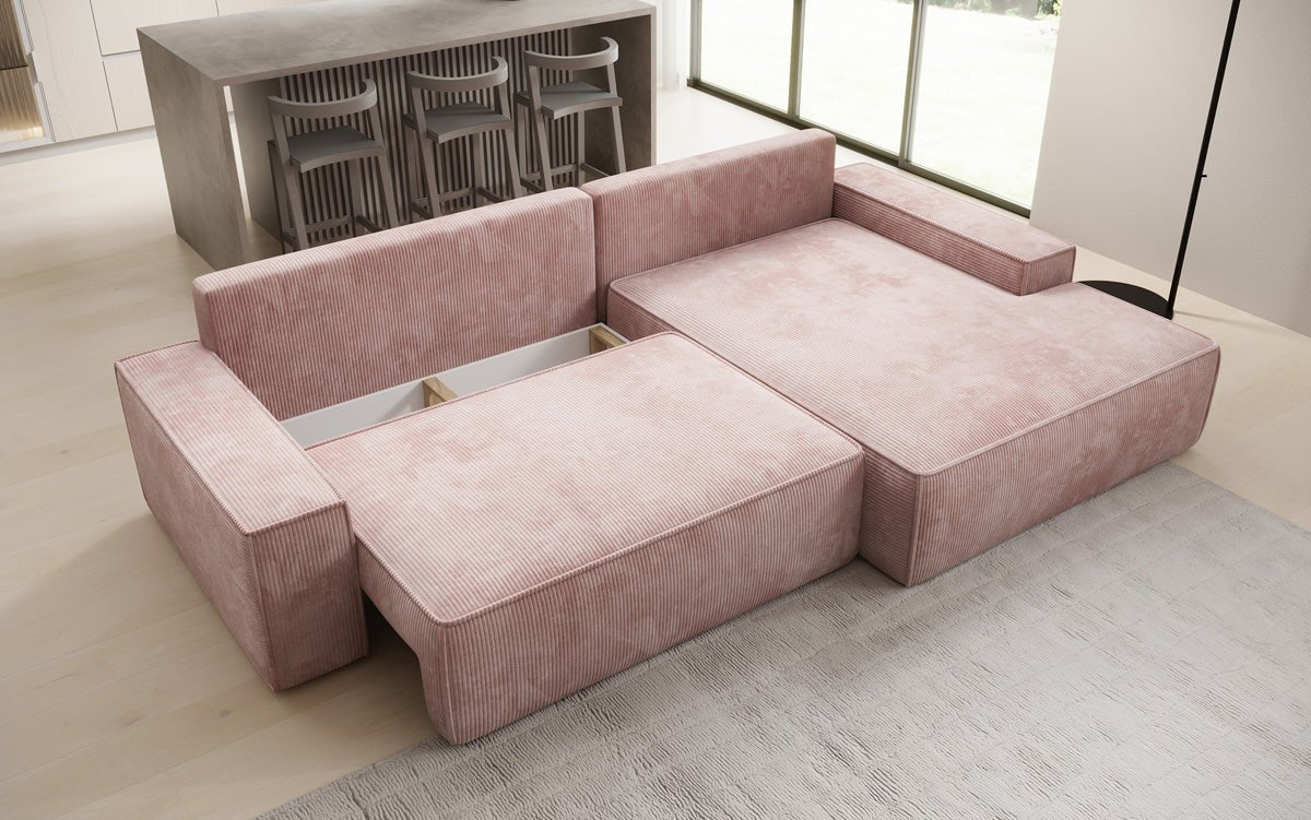 Designer-Sofa Verona mat breeder Ottomane mat Schlof- a Klappfunktioun a Cord