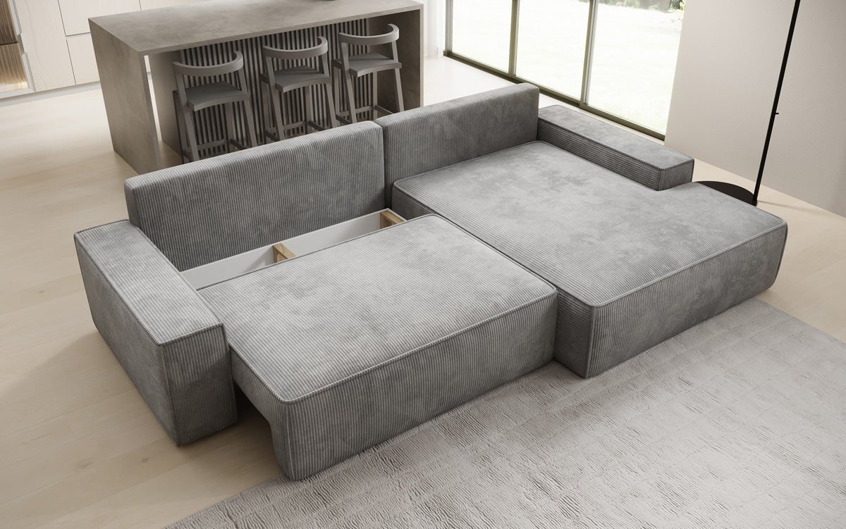 Designer-Sofa Verona mat breeder Ottomane mat Schlof- a Klappfunktioun a Cord