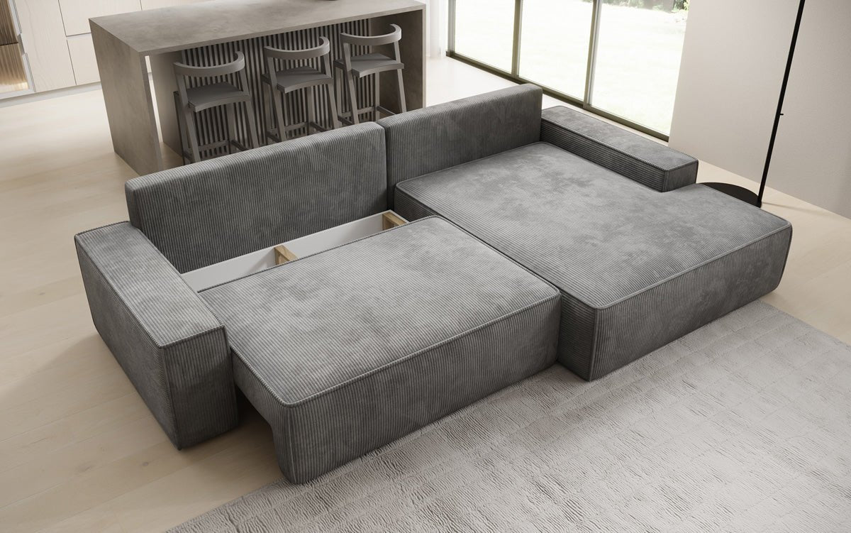 Designer-Sofa Verona mat breeder Ottomane mat Schlof- a Klappfunktioun a Cord