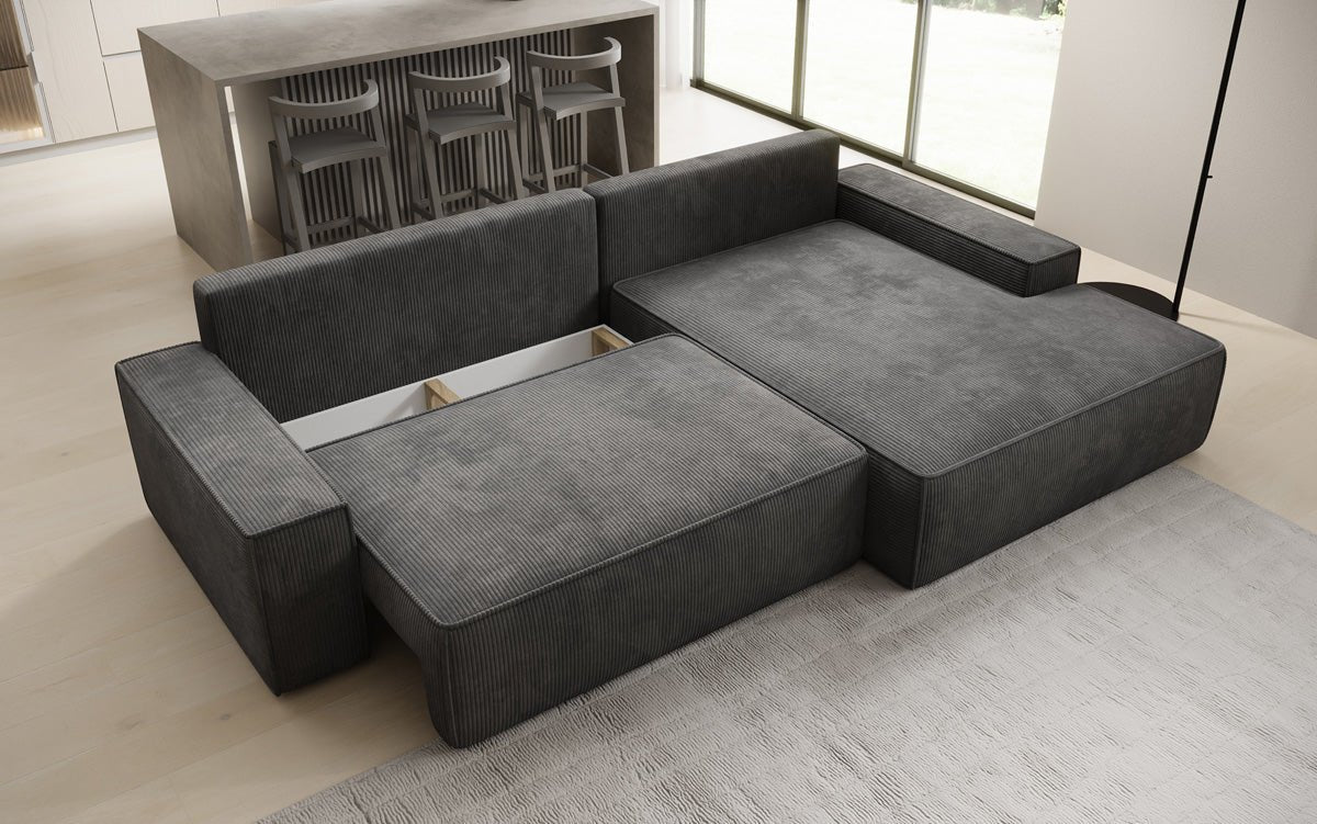 Designer-Sofa Verona mat breeder Ottomane mat Schlof- a Klappfunktioun a Cord