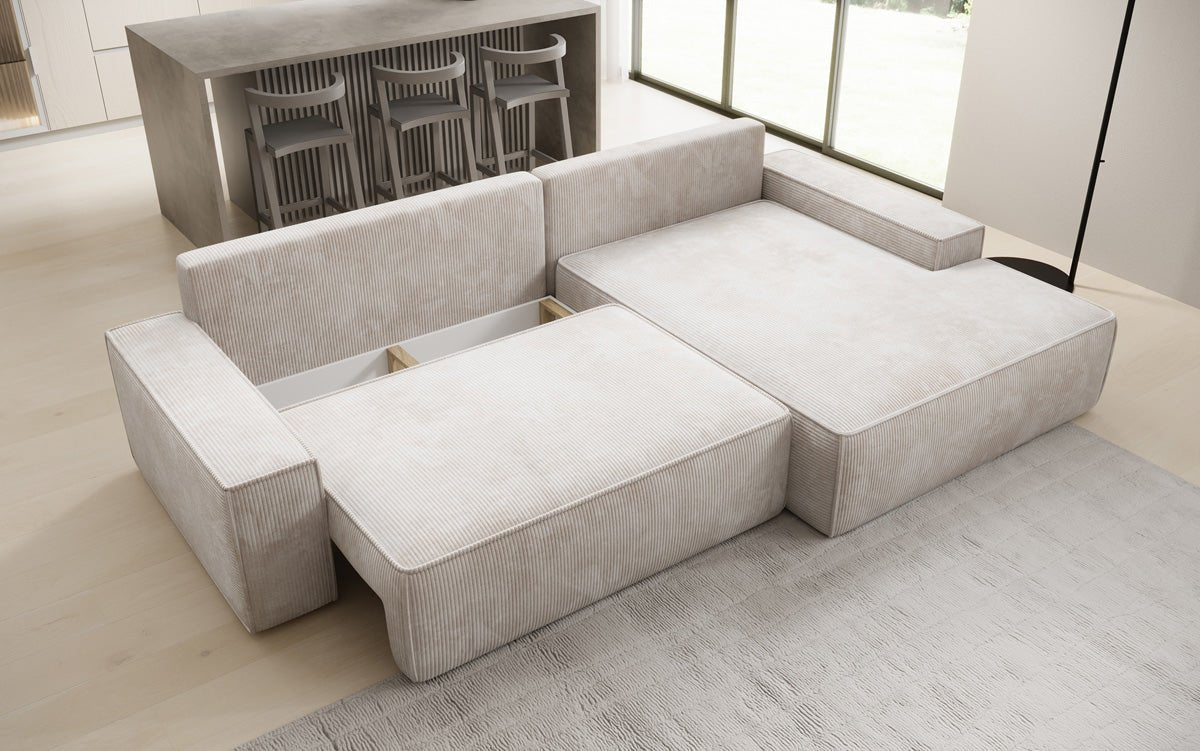 Designer-Sofa Verona mat breeder Ottomane mat Schlof- a Klappfunktioun a Cord