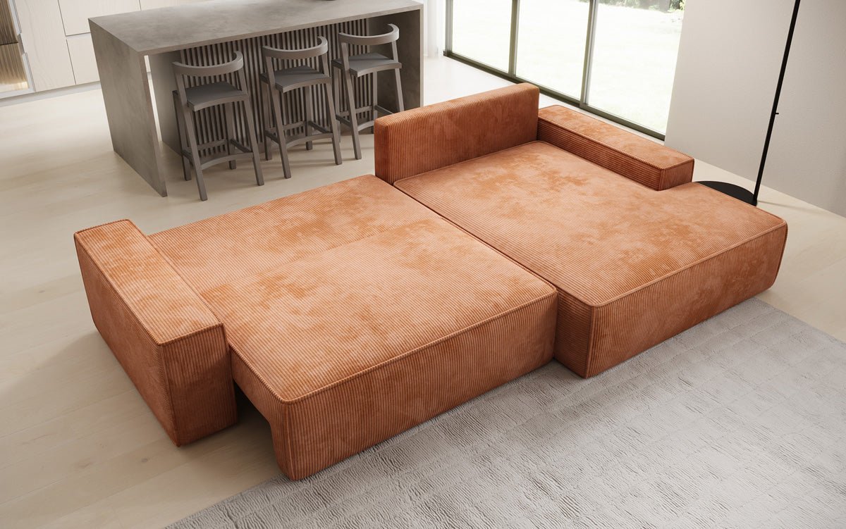 Designer-Sofa Verona mat breeder Ottomane mat Schlof- a Klappfunktioun a Cord