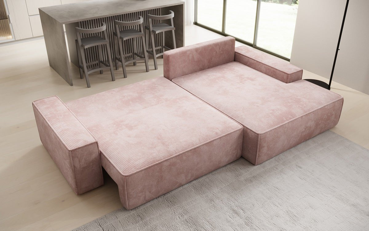Designer-Sofa Verona mat breeder Ottomane mat Schlof- a Klappfunktioun a Cord