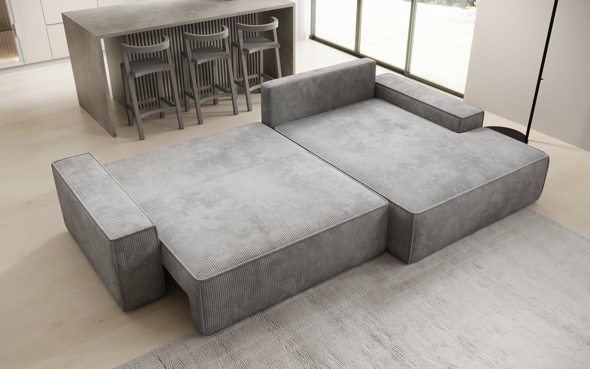 Designer-Sofa Verona mat breeder Ottomane mat Schlof- a Klappfunktioun a Cord