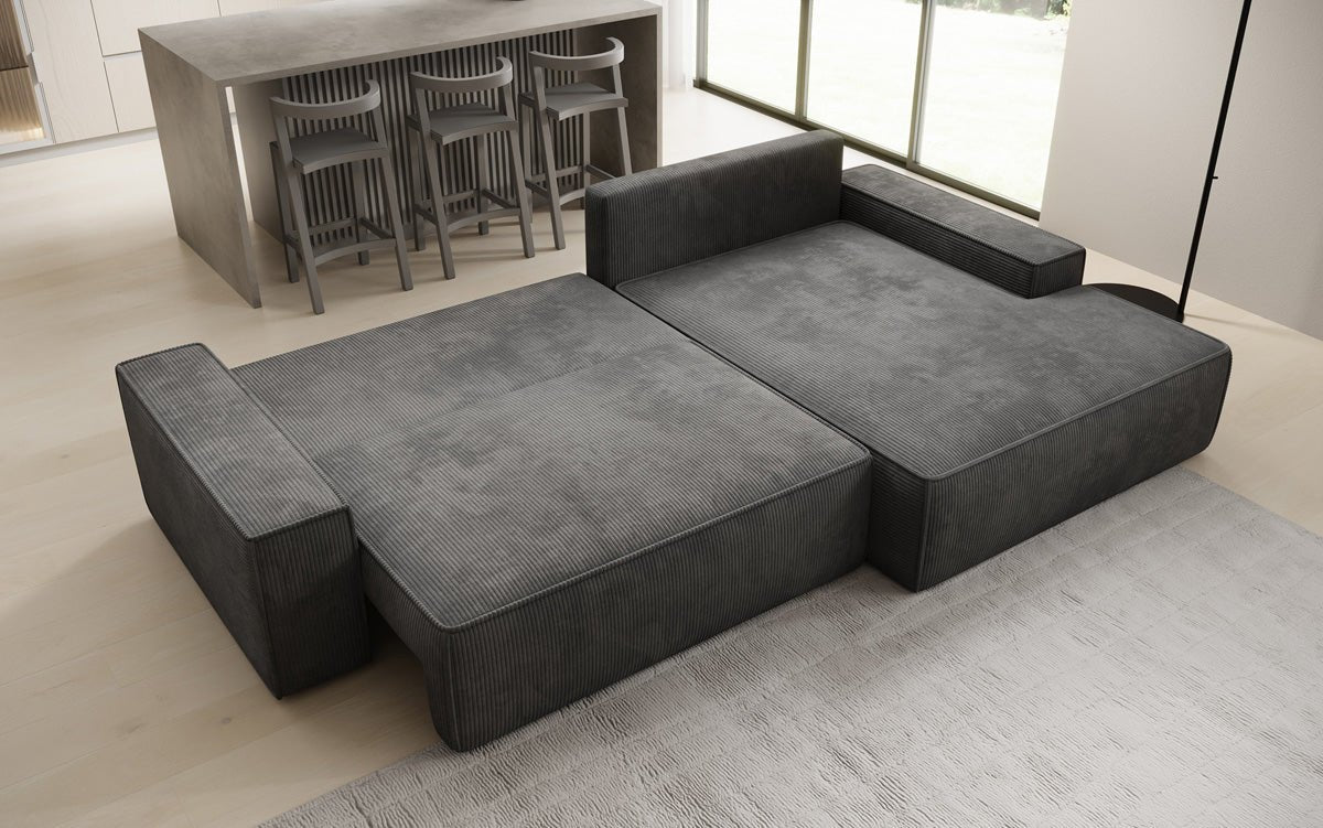 Designer-Sofa Verona mat breeder Ottomane mat Schlof- a Klappfunktioun a Cord