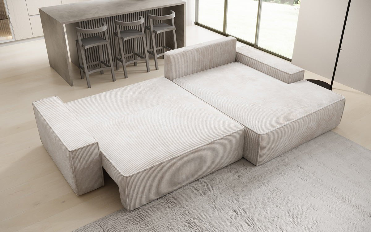 Designer-Sofa Verona mat breeder Ottomane mat Schlof- a Klappfunktioun a Cord