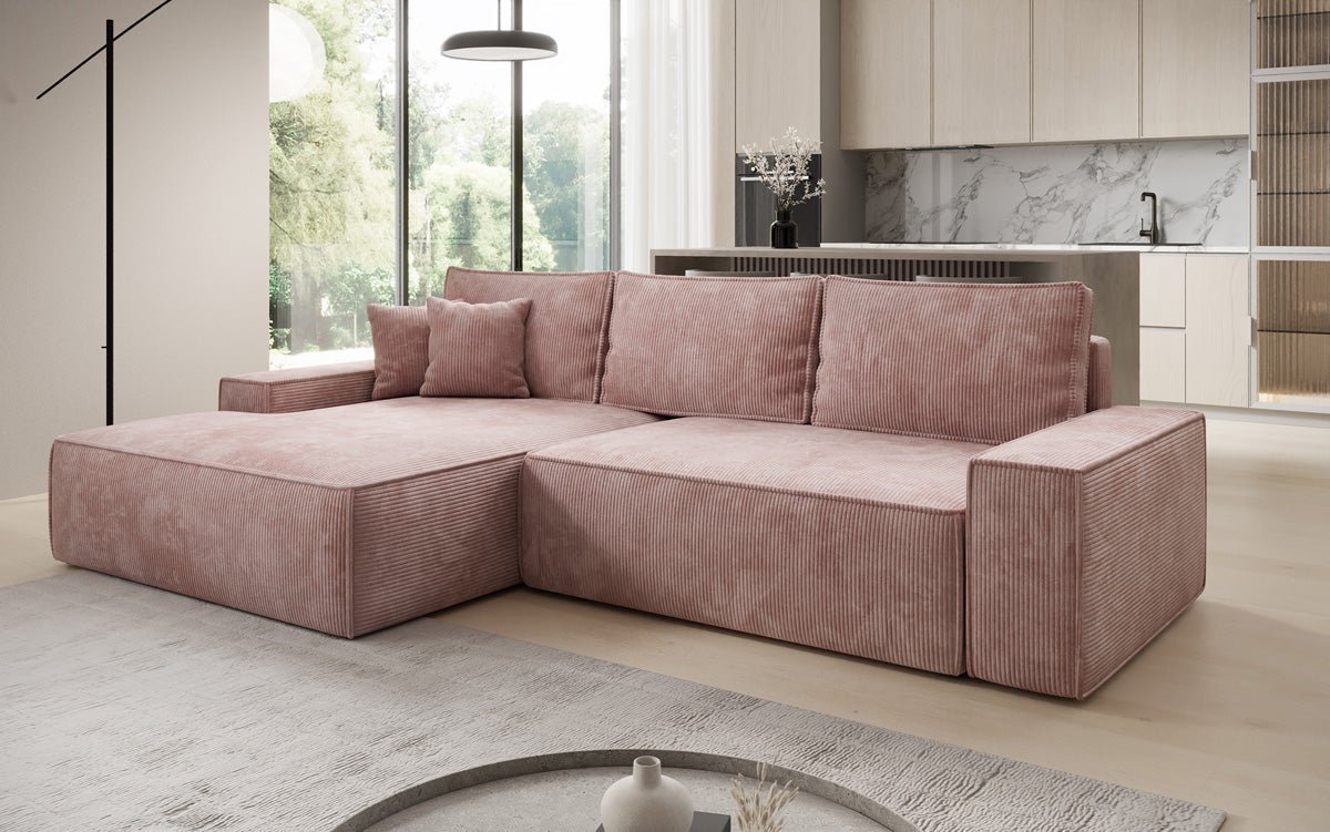 Designer-Sofa Verona mat breeder Ottomane mat Schlof- a Klappfunktioun a Cord