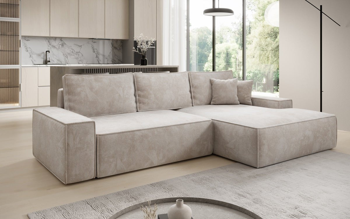 Designer-Sofa Verona mat breeder Ottomane mat Schlof- a Klappfunktioun a Cord
