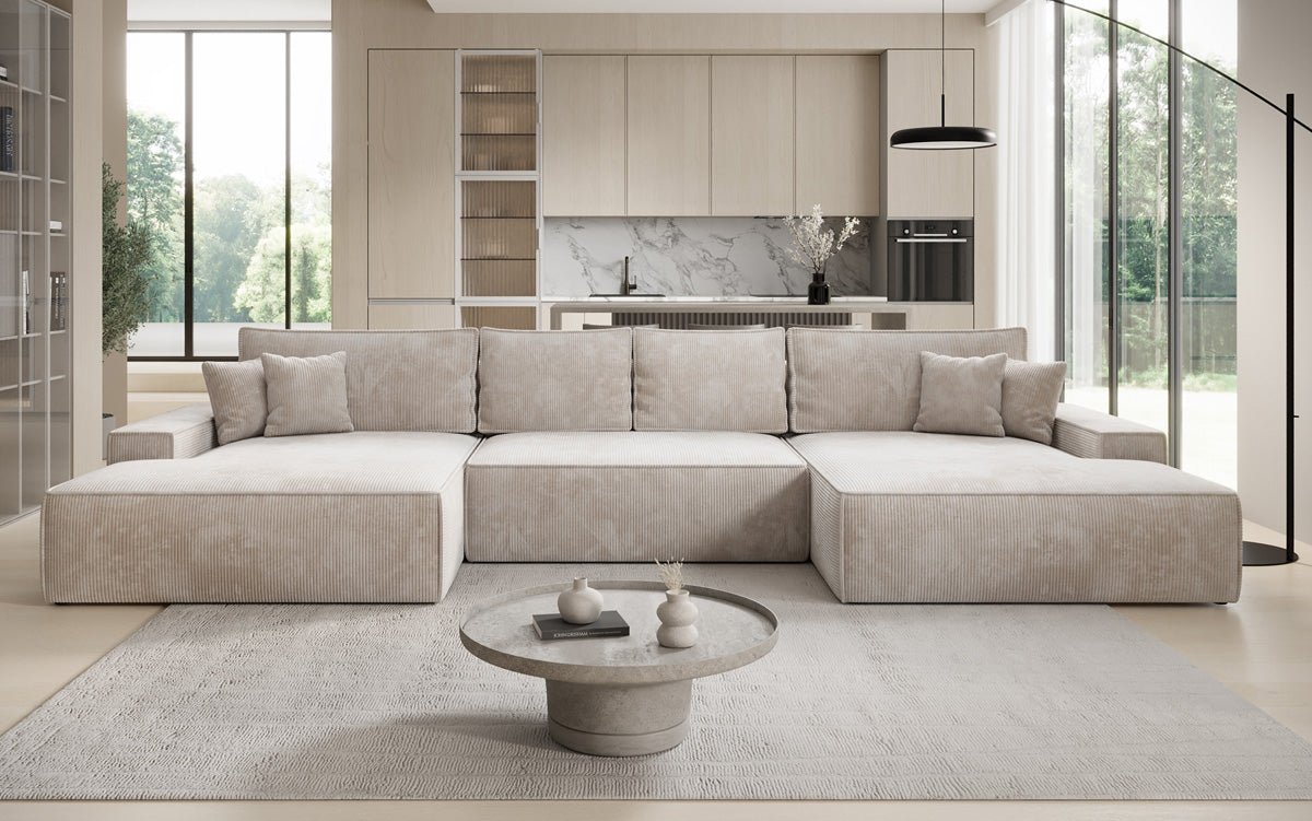 Designer Sofa Verona U with Wide Ottoman, Sofa Bed Function and Storage in Corduroy
