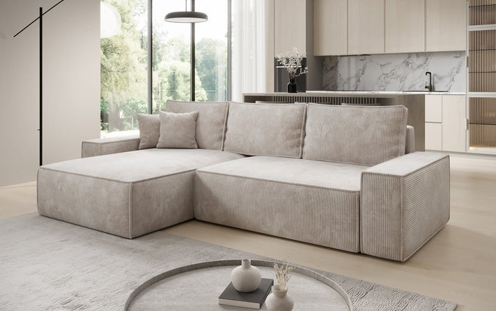 Canapé d’angle design Lunaro avec fonction couchage et fonction rabattable en Côtelé