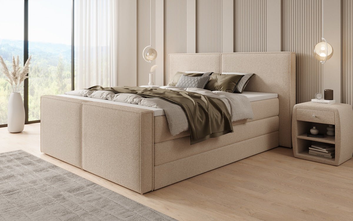 Boxspringbett Ophelia II mit hochklappbarem Stauraum in Teddy Bouclé