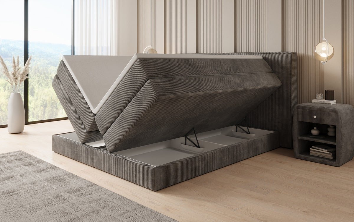 Box spring bed Ophelia with lift-up storage in Corduroy