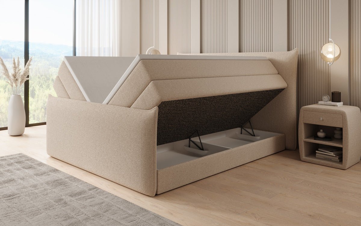 Boxspringbett Liana II mat héichklappbarem Stauraum an Teddy Bouclé