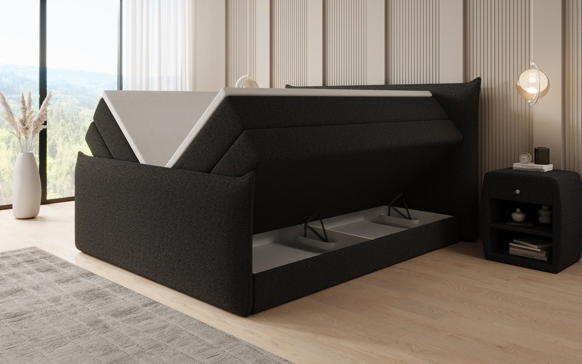 Boxspringbett Liana II mat héichklappbarem Stauraum an Teddy Bouclé