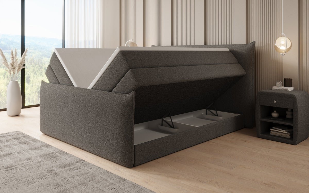 Boxspringbett Liana II mat héichklappbarem Stauraum an Teddy Bouclé