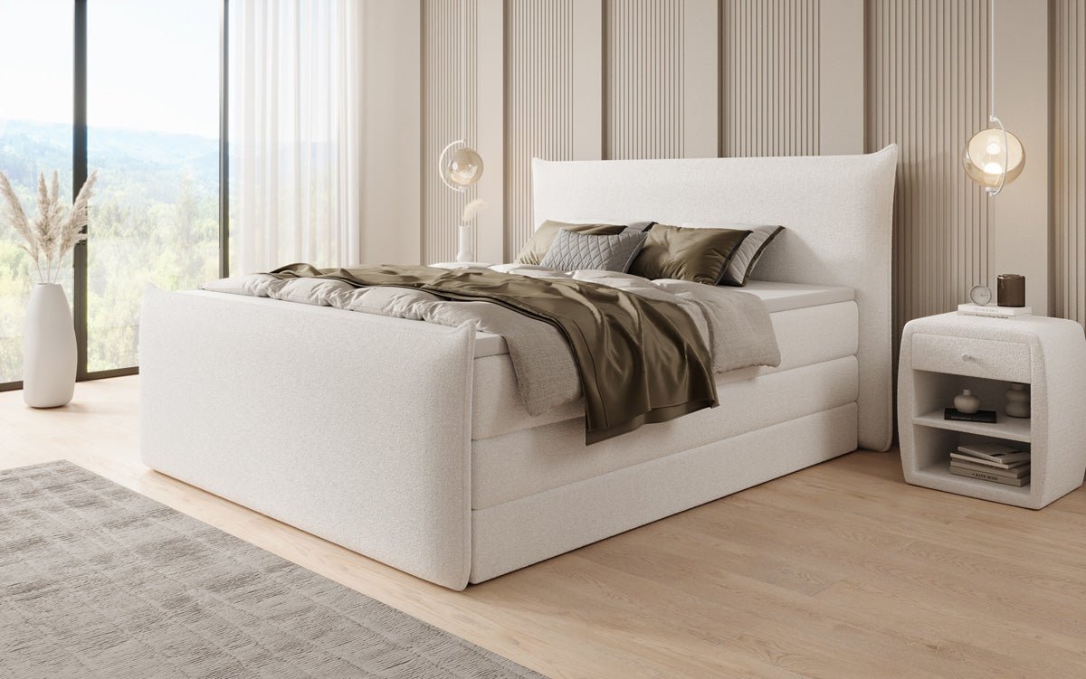 Boxspringbett Liana II mat héichklappbarem Stauraum an Teddy Bouclé