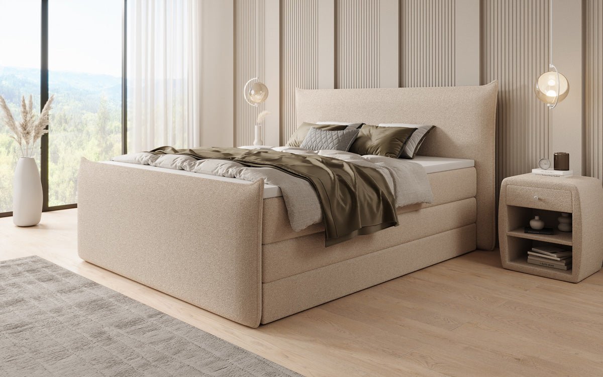 Boxspringbett Liana II mat héichklappbarem Stauraum an Teddy Bouclé