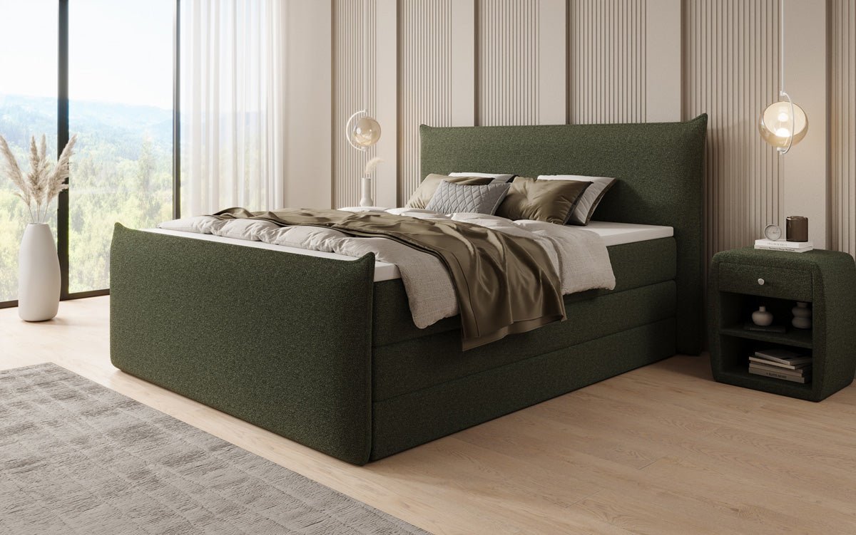 Boxspringbett Liana II mat héichklappbarem Stauraum an Teddy Bouclé